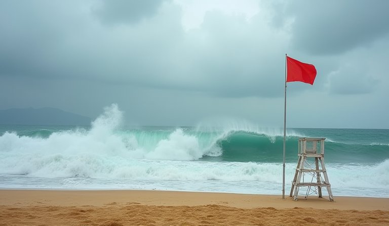 香港康樂署緊急公告 貝澳泳灘因大浪懸掛紅旗禁止游泳