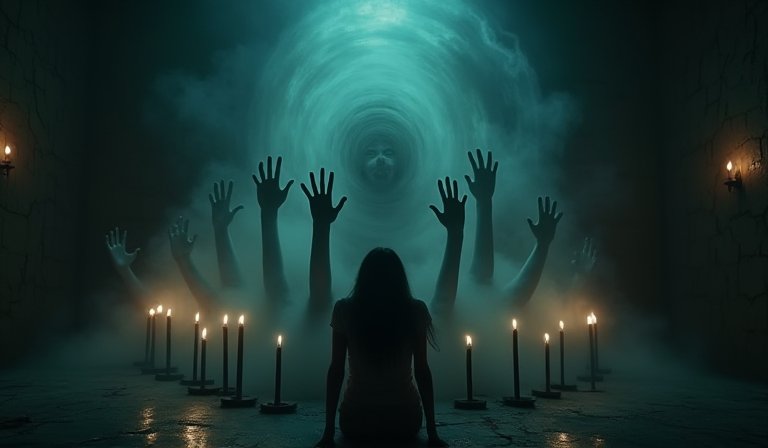 一群年輕人在昏暗處恐懼地圍坐牽手，進行死亡之握遊戲。