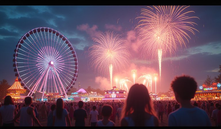 繽紛煙火點亮兒童新樂園夜空，摩天輪閃耀燦爛燈光。