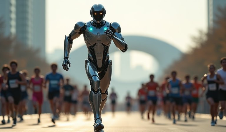 天工人形機器人在北京半程馬拉松賽道上穩定奔馳。