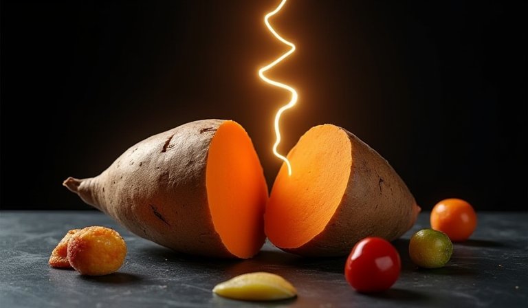 盤中盛裝的地瓜與花椰菜，是睡前應避免的產氣食物。