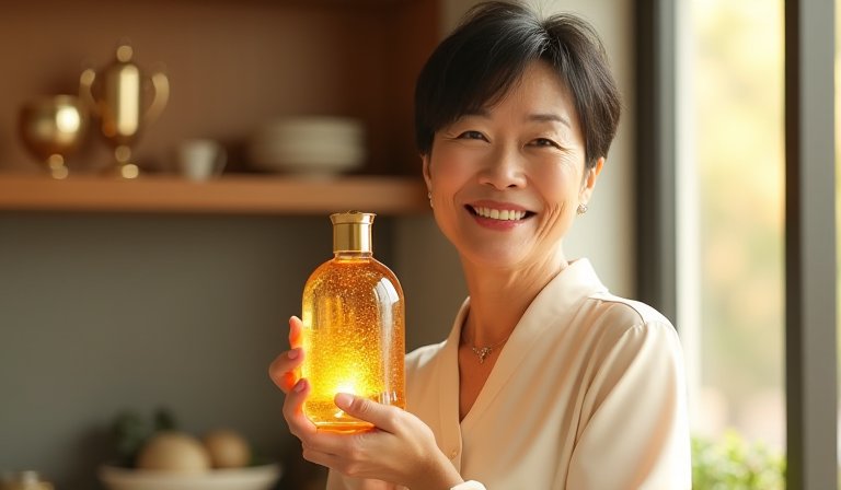 林美秀手持純煉滴雞精，呈現國民媽媽的親切笑容。