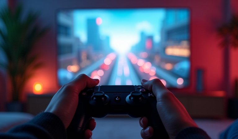 民眾在客廳透過手機連結電視，與家人同步遊玩串流遊戲。