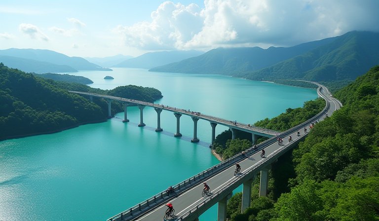 騎士成群跨越島波海道大橋，遠眺瀨戶內海蔚藍海景