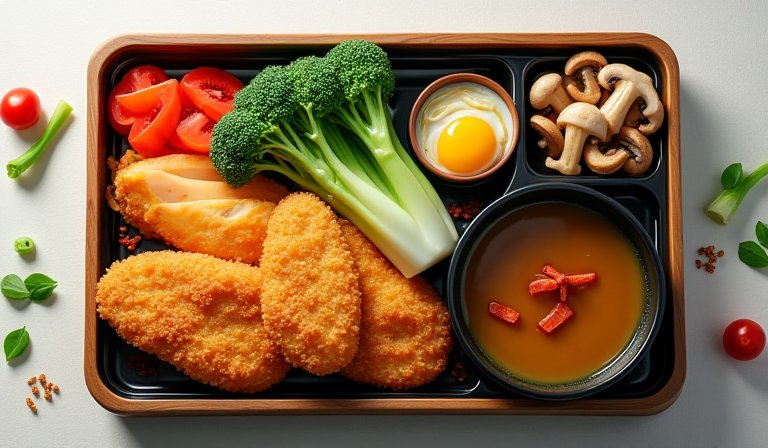 國中小學生享用包含厚切魚排與多樣鮮蔬的營養午餐。