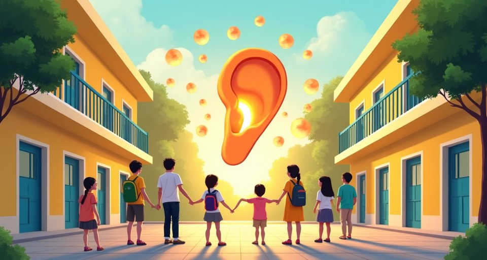 學生觀看生動的卡通宣導影片，學習聽力保健知識。