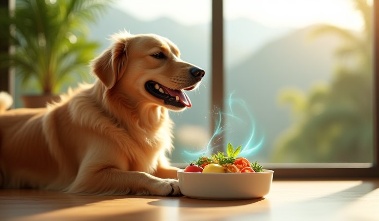 狗狗在食盆前愉快進食，展現補充益生菌後的良好食慾。