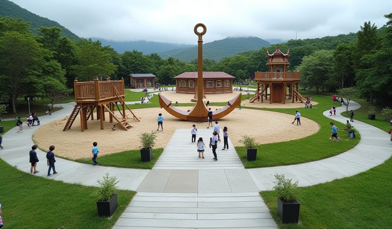 學童操作仿古成功戰船遊具，體驗互動式歷史海戰場景。
