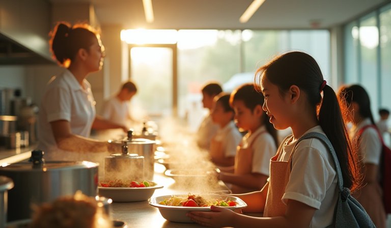國中小學生享用包含大塊魚肉與新鮮蔬果的營養午餐
