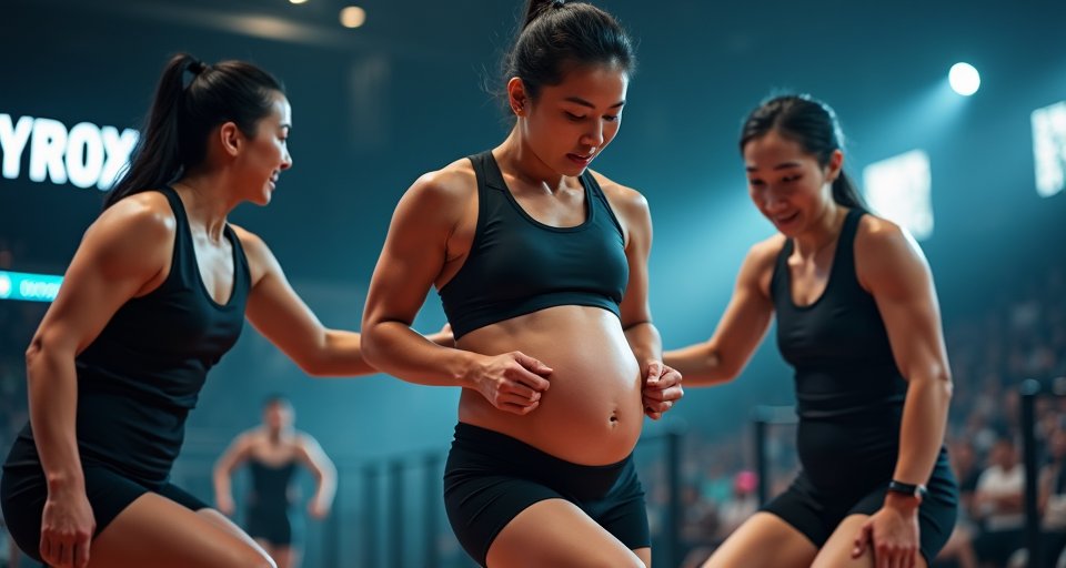 懷孕29週的小豬在賽場上專注進行沙袋深蹲負重訓練。