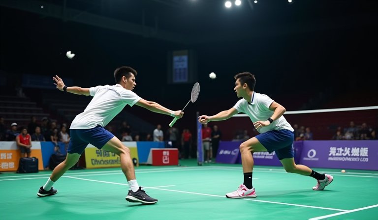 李洋與王齊麟在羽球場上交談，展現黃金男雙的戰術默契。