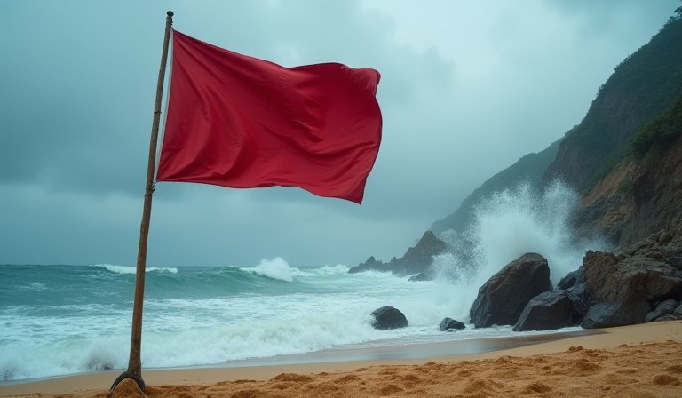 石澳泳灘懸掛紅色警示旗幟，岸邊海面翻起巨大碎浪。