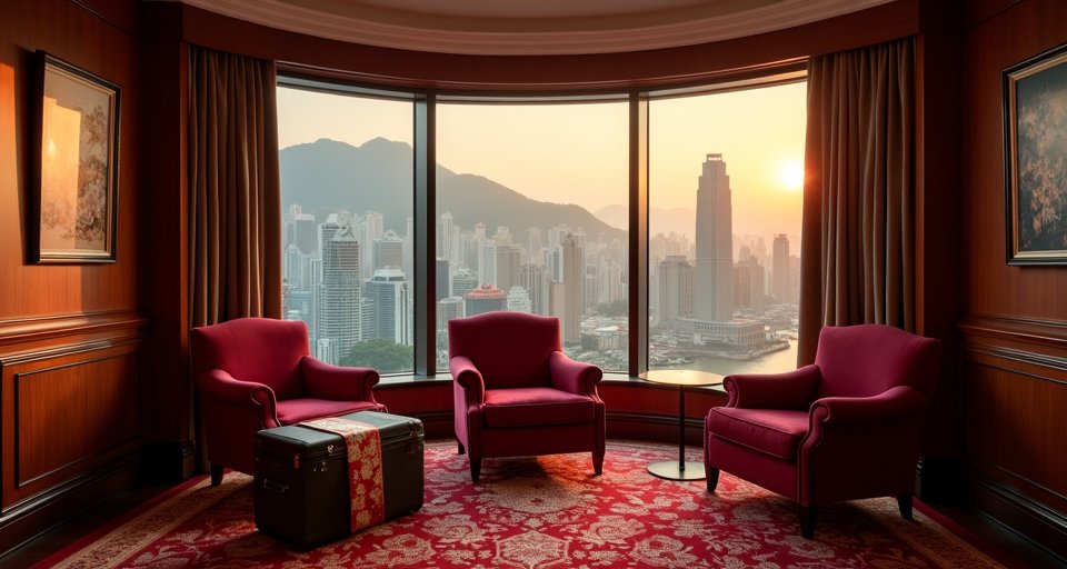 旗袍女子在怡東酒店套房內，眺望維多利亞港壯闊海景。