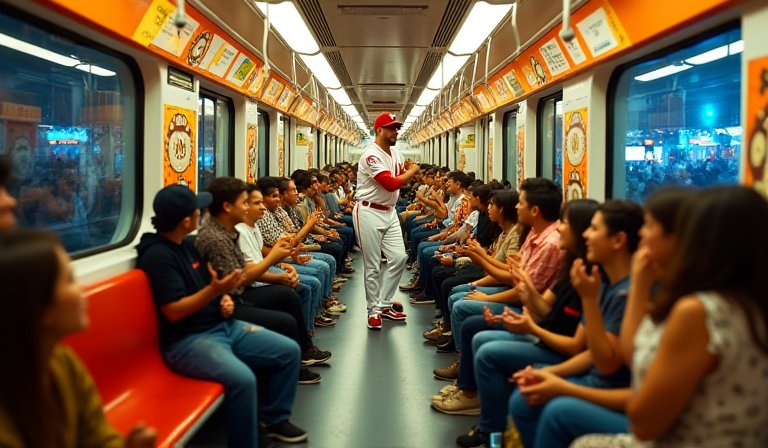 桃捷樂天桃猿主題車廂內，布滿球星揮棒英姿與應援海報。