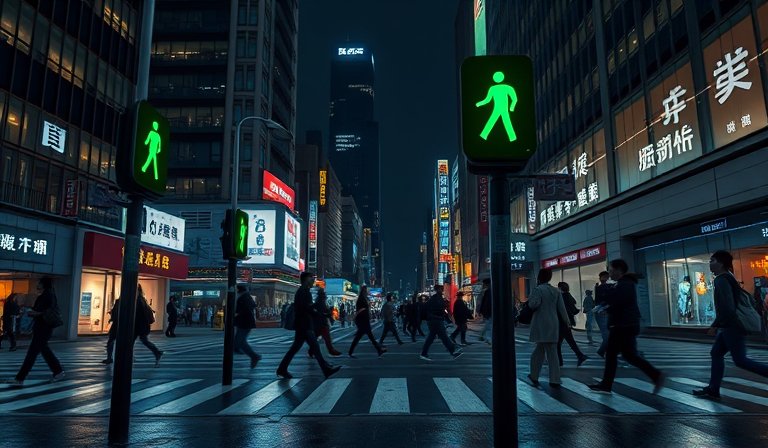 都市街頭行人依循小綠人號誌燈指示通過斑馬線。