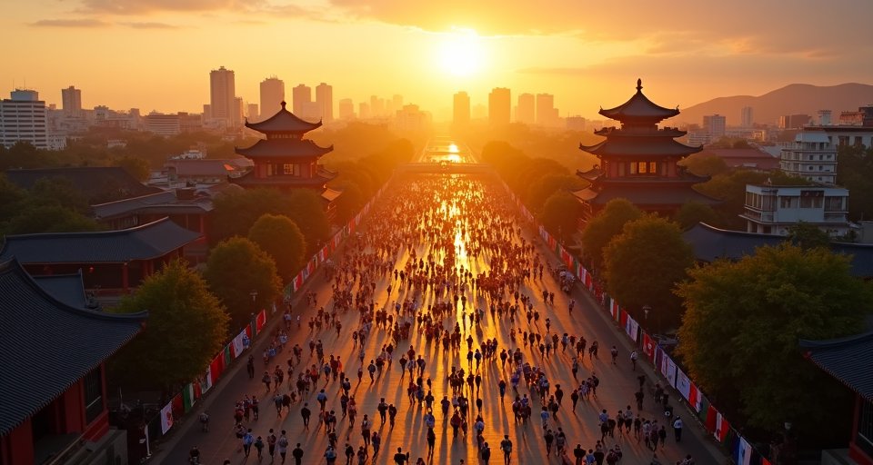 萬名跑者在晨曦中跑過臺南古蹟街頭，參與古都國際半馬賽事。