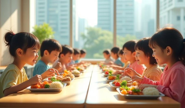 台北市國中小學生享用菜色豐富且營養均衡的免費午餐