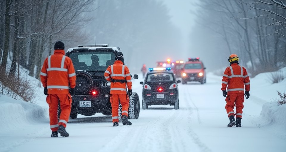 日本白馬村森林雪道中，一輛雪地摩托車行經積雪彎道。