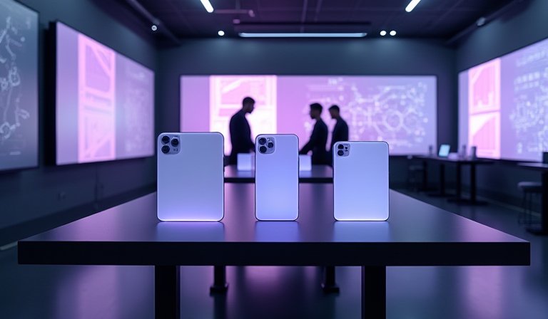 紫色牆面下的研發基地，桌上堆滿手機原型與設計手稿。
