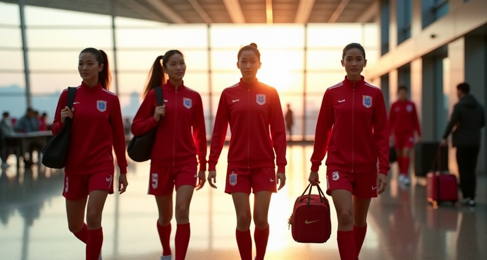 香港女足隊員在曼谷機場候機室進行伸展運動。