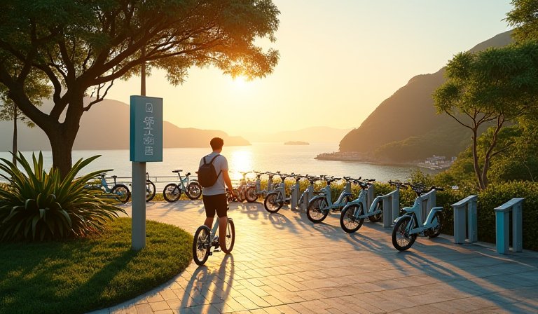 民眾在臺東山海景觀環繞的公共自行車站租借單車。