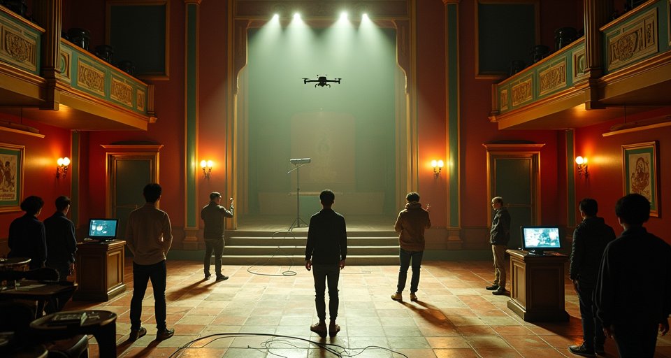 學員在戲院影廳架設專業燈光，模擬電影拍攝現場。