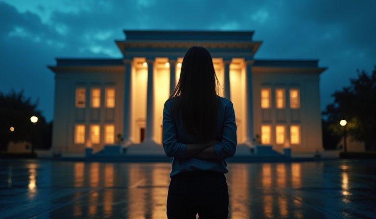 男子在會議室激動拍桌，散落文件呈現職場霸凌情境。