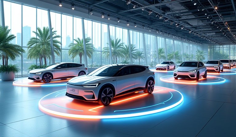 台北車展現場多品牌新車同步亮相，民眾於展位前駐足賞車。