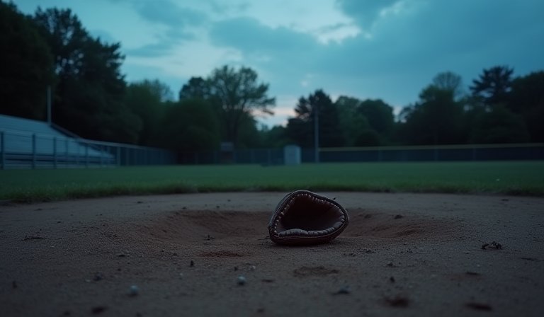 國小棒球場邊靜置的球棒與手套，映襯著遠處的校園大樓。