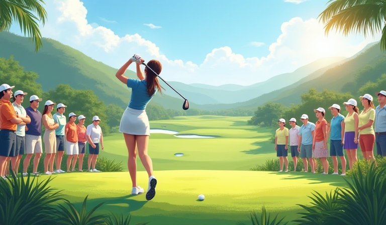 女子高球選手與嘉賓在綠蔭果嶺上組隊揮桿，響應慈善募款。