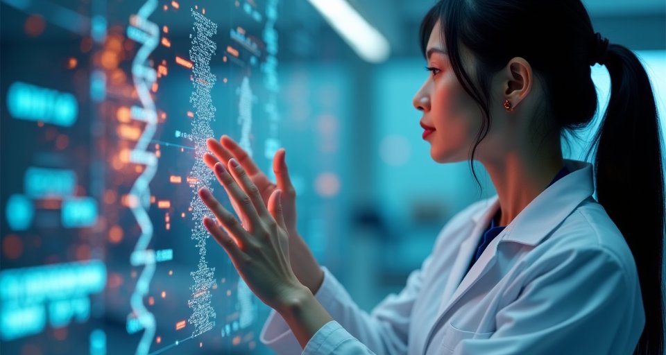 醫療研究員在數位化實驗室操作人工智慧研發系統