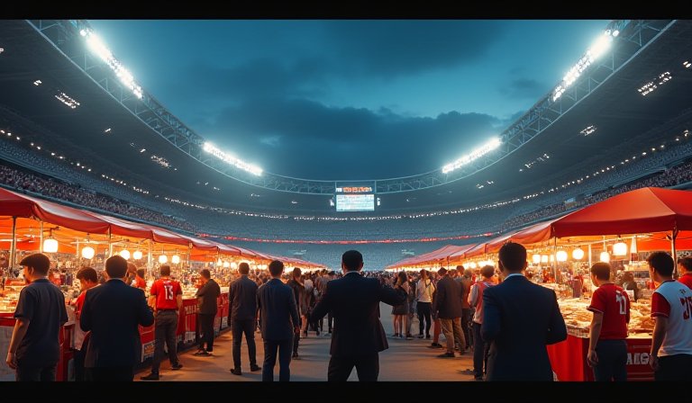 亞太棒球場外設有多個美食攤位，球迷正在現場排隊購餐。