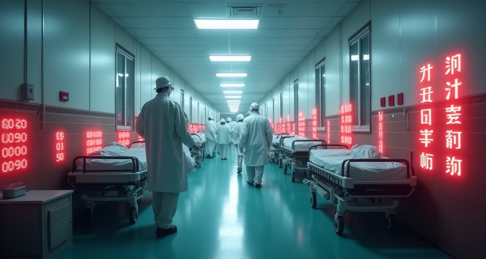 醫院走廊擠滿候診人潮與病床，醫護人員正忙碌處理。