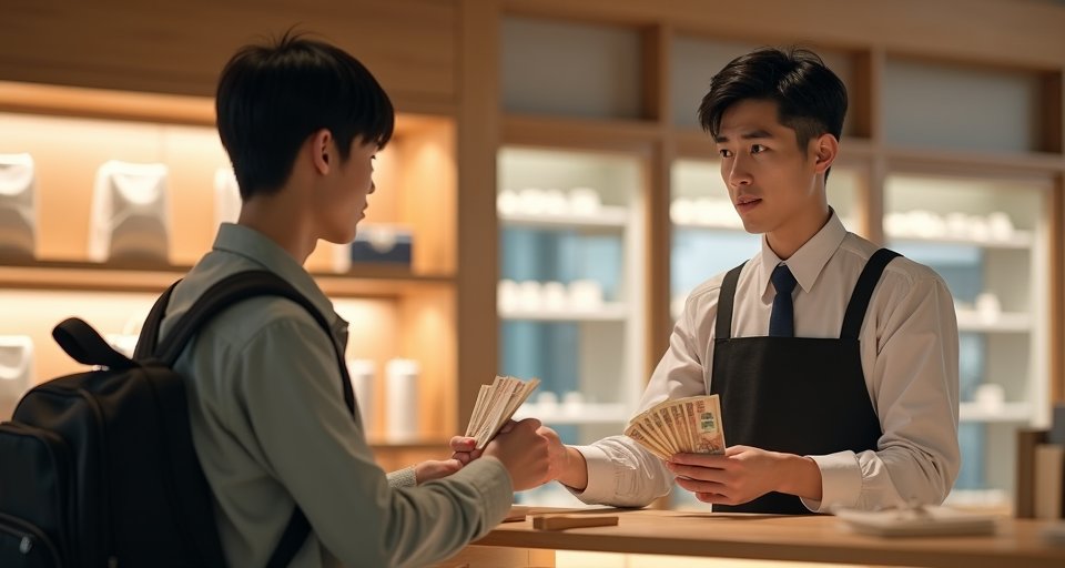 民眾將平整無摺痕的日圓紙鈔放入長夾收納。