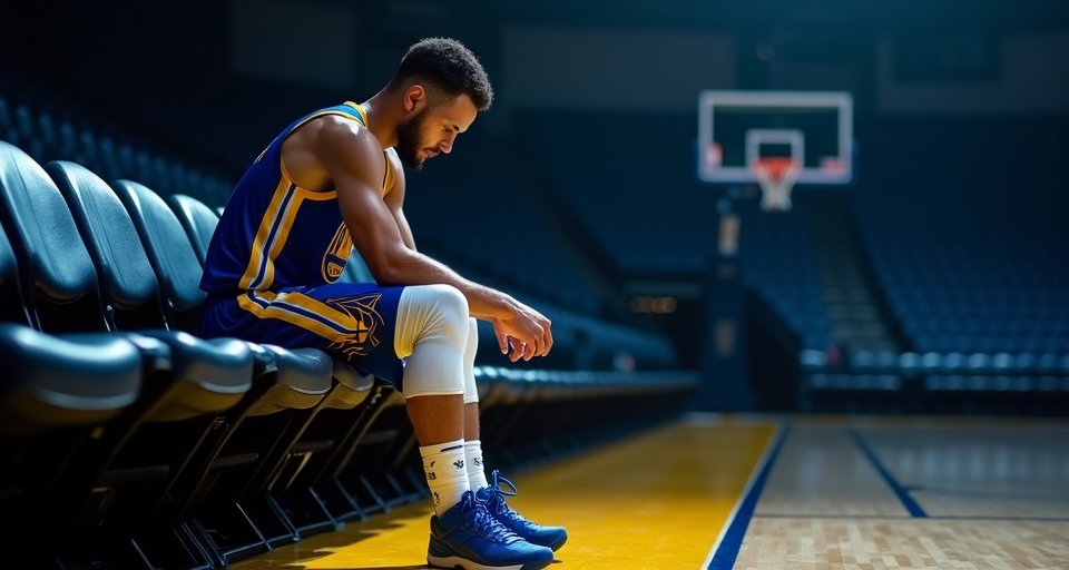 庫里在場邊獨自進行投籃練習，膝蓋處纏繞著黑色護具。