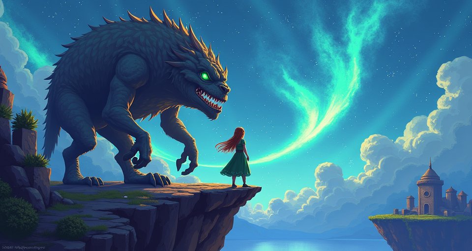 手機版直式操作介面，展現梅格與怪物的像素冒險場景