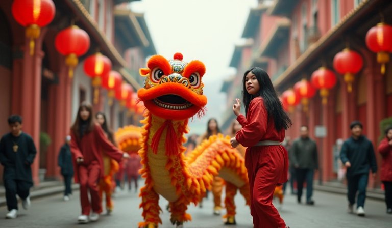 青少年選手在醒獅比賽中操縱鮮豔獅頭，展現矯健身手。