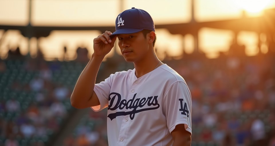 山本由伸身穿道奇隊球衣，在投手丘上專注投球調整。