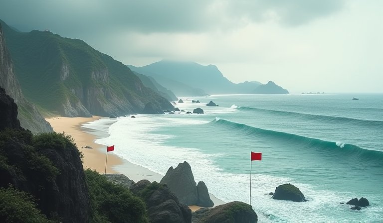 泳灘岸邊高掛紅色警示旗，海面波濤洶湧，巨浪拍打沙灘。