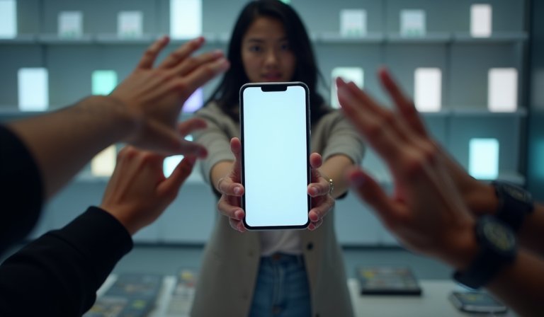 民眾在通訊門市櫃檯前詢問並體驗 iPhone 17e 手機。