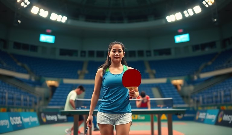 台灣桌球好手鄭怡靜在賽場上，專注展現反手擊球動作。