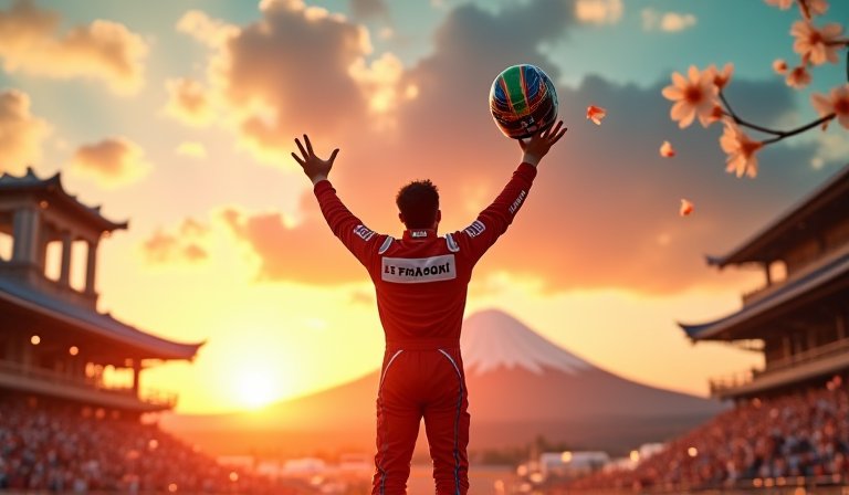 義大利車手安東尼利在日本站領獎台高舉冠軍獎盃慶祝。