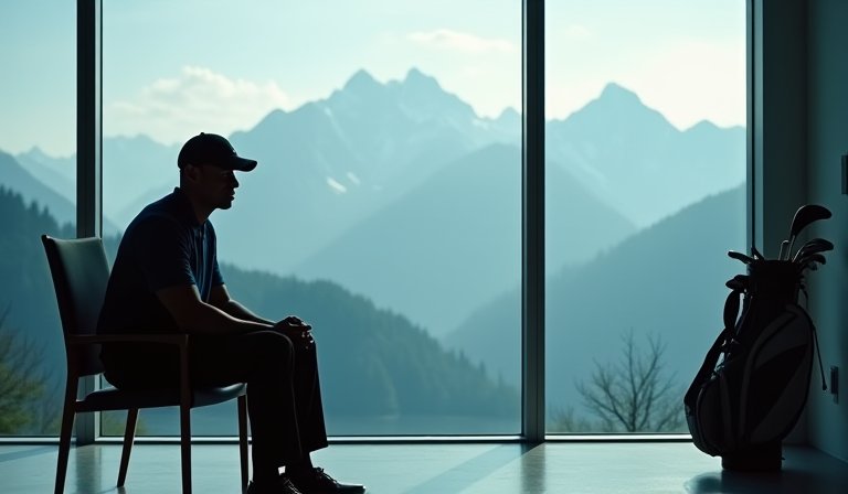 老虎伍茲神情凝重扶著腰部，呈現長期脊椎傷勢的負擔。