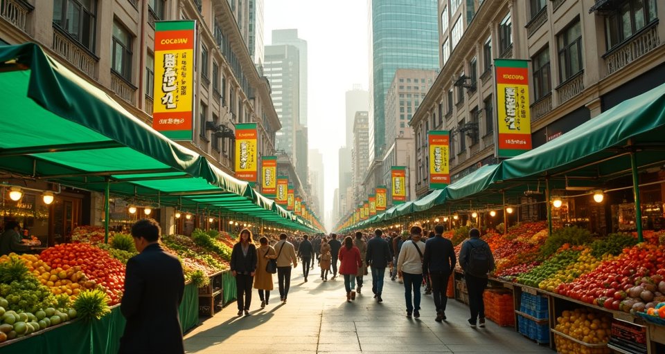 民眾在市集攤位挑選貼有有機認證標籤的新鮮蔬菜。