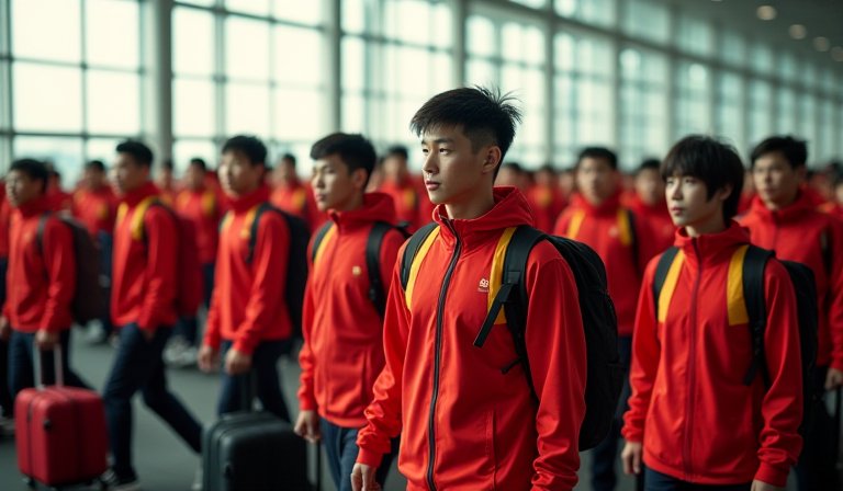 身著紅色隊服的中國運動員在晴朗海灘上展現自信活力