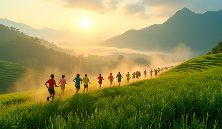眾多跑者在宜蘭綠意盎然的田間與步道上熱情奔馳