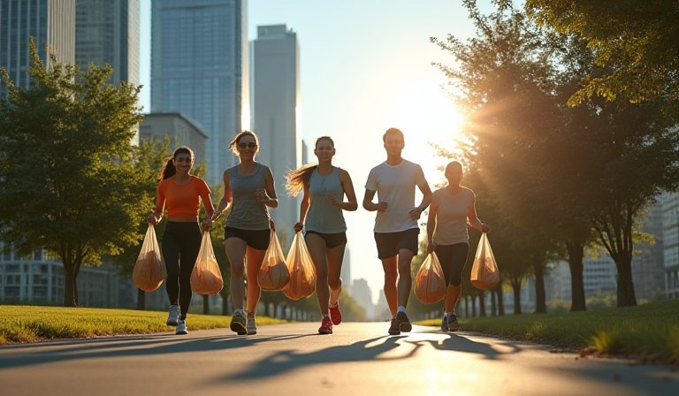 跑者成群結隊在城市慢跑，並彎腰撿拾路邊的垃圾。