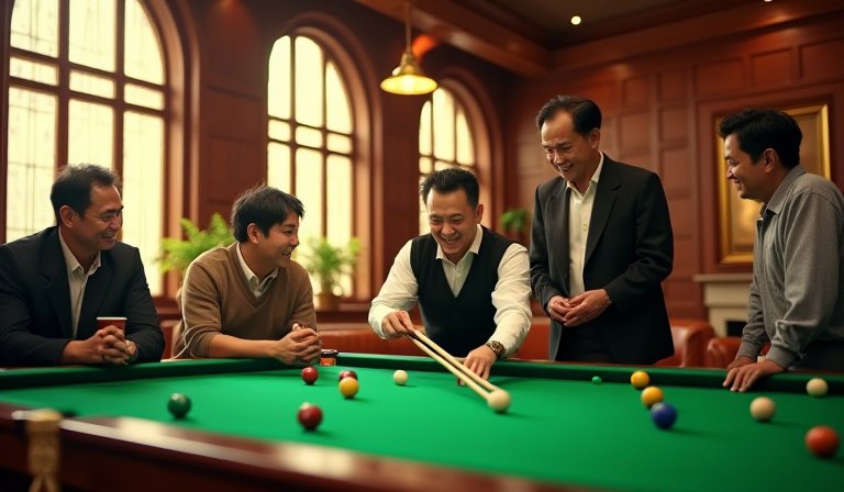 香港友人在環保玻璃屋內圍著撞球檯敘舊談心。