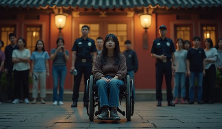 坐輪椅的身障女子與深夜在警局外聚集聲援的群眾