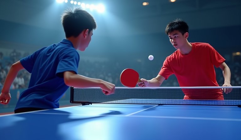 林昀儒在桌球檯前專注揮拍，施展招牌的反手快攻。